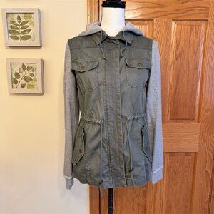 Mudd Women's Medium Army Green Utility Jacket with Knit Sleeves & Hood